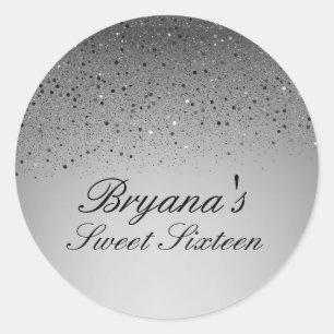 Sticker Rond Fête d'anniversaire Sweet 16 pailletée argentée