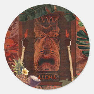 Sticker Rond Fête d'anniversaire Tiki Aloha Hawaïen Luau Vintag