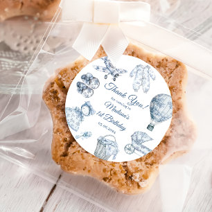 Sticker Rond Fête d'anniversaire Toile De Jouy bleue 
