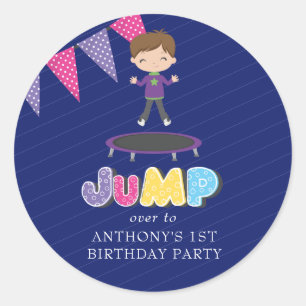 Sticker Rond Fête d'anniversaire trampoline Violet Royal et Ble