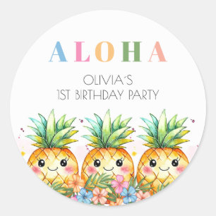 Sticker Rond Fête d'anniversaire tropicale Aloha été à l'ananas