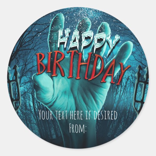 Sticker Rond Fête d'anniversaire zombie joyeux (Devant)