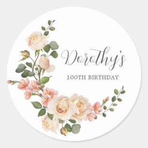 Sticker Rond Fête de 100e anniversaire Rustique Fleurs Blanches