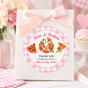 Sticker Rond Fête de Baby Shower Fille Rose Gingham Pizza et Té