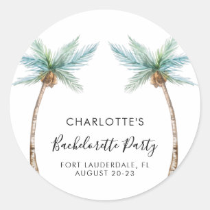 Sticker Rond Fête de Bachelorette Côtière aux Palmiers Aquarell