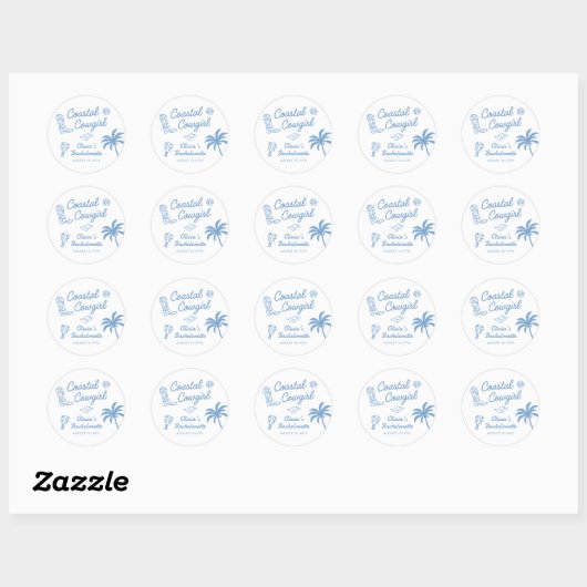 Sticker Rond Fête de Bachelorette Cowgirl Côtière Bleue (Feuille)