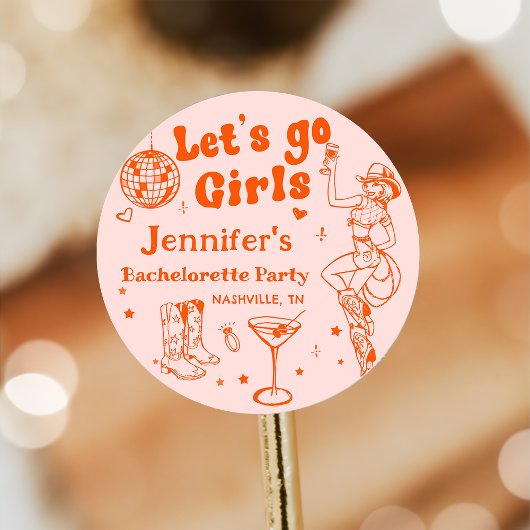 Sticker Rond Fête de Bachelorette Rodeo Cowgirl Disco Orange