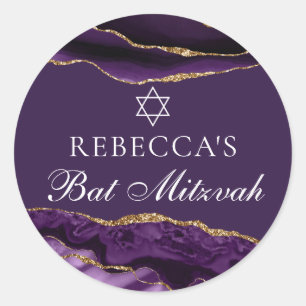 Sticker Rond Fête de Bat Mitzvah Personnalisée Chic Violet Or