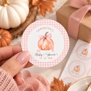 Sticker Rond Fête de bébé à thème citrouille ruban rose à carre