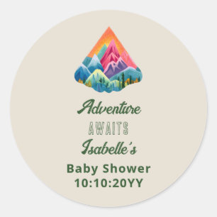 Sticker Rond Fête de Bébé Aventure de Montagne en Attente