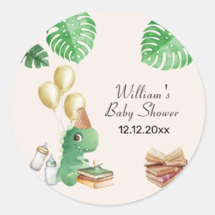Sticker Rond Fête de bébé ballon livre de dinosaure neutre
