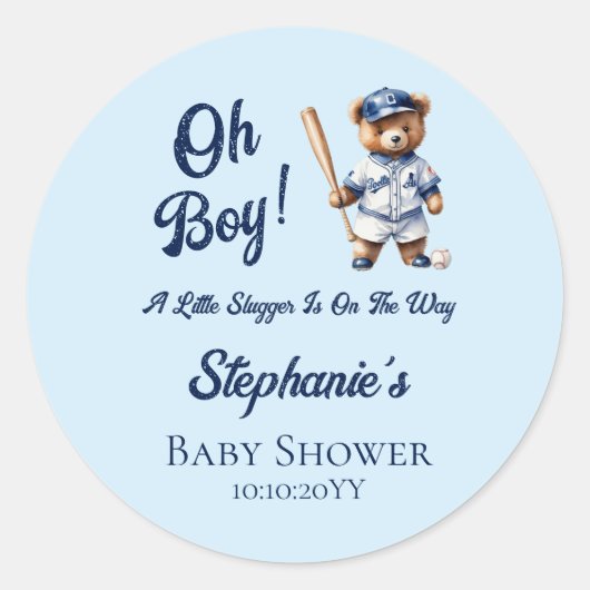 Sticker Rond Fête de bébé Baseball Oh Boy Ourson Mignon  (Devant)