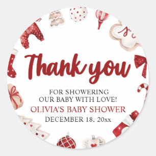 Sticker Rond Fête de Bébé d'Hiver de Noël Rouge Mignon Aquarell