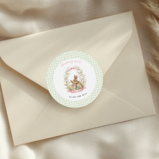 Sticker Rond Fête de Bébé Fille au Lapin Vintage en Vichy Vert