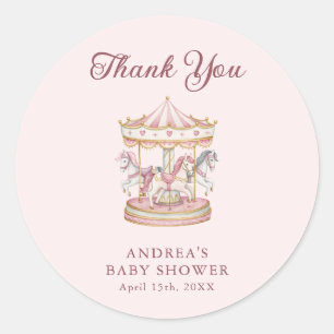 Sticker Rond Fête de Bébé Fille Carrousel Rose Pastel