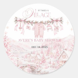 Sticker Rond Fête de bébé fille de Noël rose Il faut un village