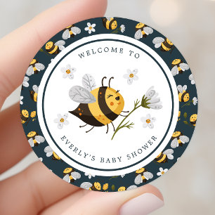 Sticker Rond Fête de Bébé Fleur de Marguerite Abeille Bourdon