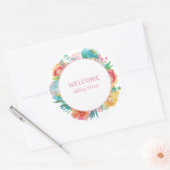 Sticker Rond Fête de bébé fleurs aquarelle rose personnalisable (Enveloppe)