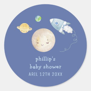 Sticker Rond Fête de Bébé Garçon Fusée Bateau Spatial Au-Delà d