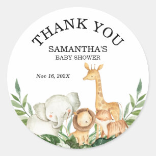 Sticker Rond Fête de Bébé Genre Neutre avec Animaux de Safari e