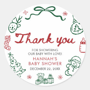 Sticker Rond Fête de Bébé Noël Hiver Dessinée à la Main Rouge V