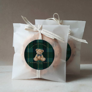 Sticker Rond Fête de bébé ours en peluche vintage à carreaux Po