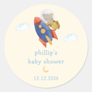 Sticker Rond Fête de Bébé Ourson Fusée Bateau Spatial Au-Delà d
