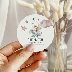 Sticker Rond Fête de Bébé Princesse Rose Dragon Rêveuse Conte d