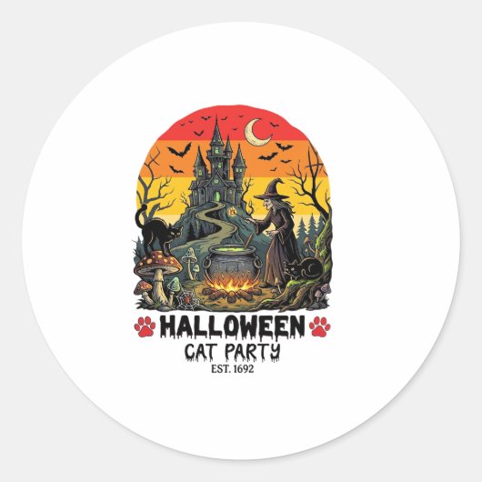 Sticker Rond Fête de chat d'Halloween Sorcière Chaudron Chats n (Devant)