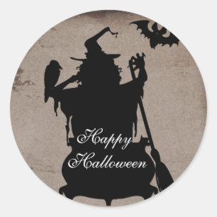 Sticker Rond Fête de Chaudron de Sorcière Halloween Rustique Vi