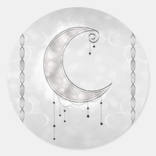 Sticker Rond Fête de fiançailles croissant de lune étoilé blanc