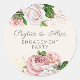 Sticker Rond Fête de fiançailles vintage rose poudré floral or