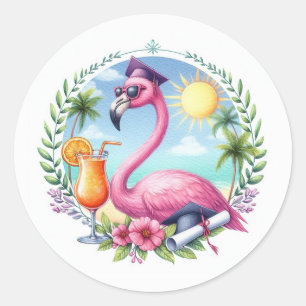 Sticker Rond Fête de graduation de Flamant rose tropical rose c