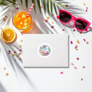Sticker Rond Fête de graduation de Flamant rose tropical rose c