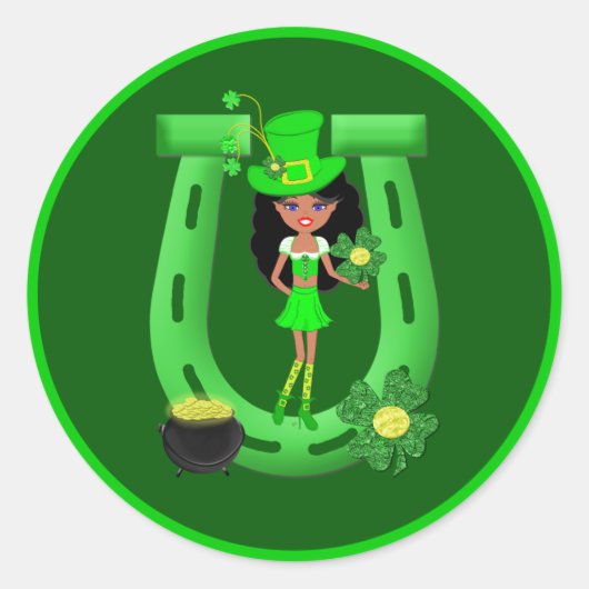 Sticker Rond Fête de la St Patrick Brunette Girl Leprechaun (Devant)