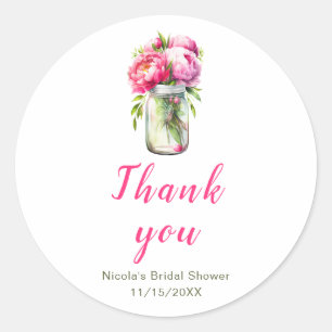Sticker Rond Fête de mariage avec bocal en verre de pivoines ro