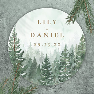 Sticker Rond Fête de mariage aventure forêt de pins bois cadeau