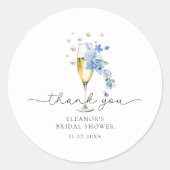Sticker Rond Fête de Mariage Bleu Merci Perles & Prosecco (Devant)