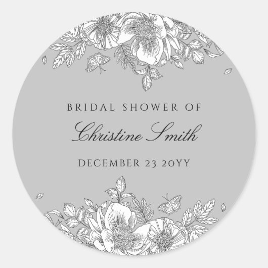 Sticker Rond Fête de mariage Floral Gris Art en ligne (Devant)