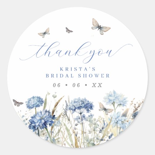 Sticker Rond Fête de mariage remerciements Fleurs bleues et pap (Devant)