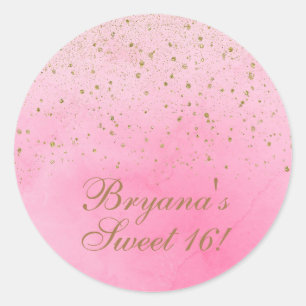 Sticker Rond Fête de mariage Rose Poudré et Paillettes Dorées