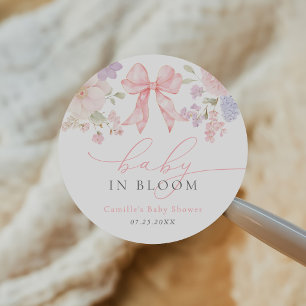 Sticker Rond Fête de naissance bébé fille Fleurs à l'arc rose