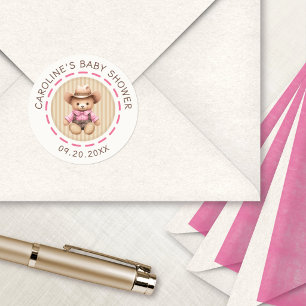 Sticker Rond Fête de Naissance de Petite Cow-Girl Rose Ours de 