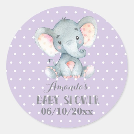 Sticker Rond Fête de naissance éléphant fille Violet et Gris (Devant)