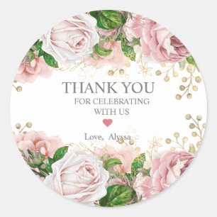 Sticker Rond Fête de naissance Fille Rose Pâle Floral Or