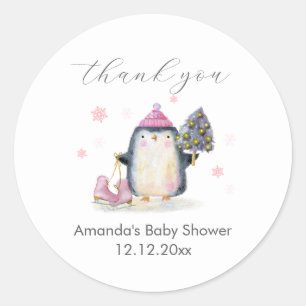 Sticker Rond Fête de naissance Pingouin Patin Bois Hivernal Ros