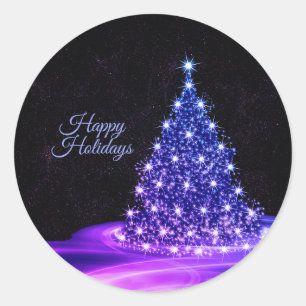 Sticker Rond Fête de Noël Arbre Hiver Rose Bleu Rustique Noir
