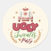 Sticker Rond Fête de Noël au pull rétro moche amusant (Devant)