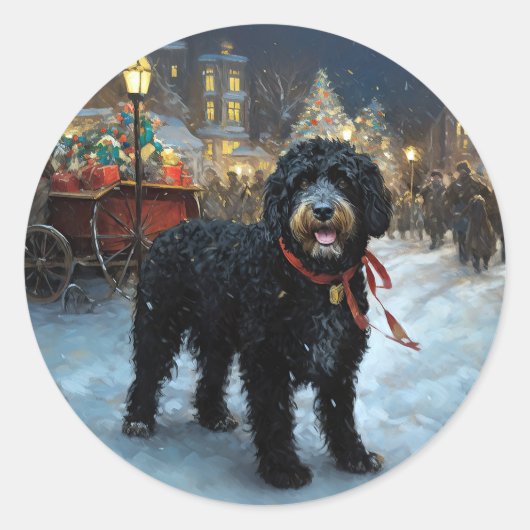Sticker Rond Fête de Noël des chiens d'eau portugais (Devant)