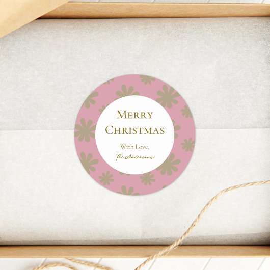 Sticker Rond Fête de Noël rose et or Floral Retro